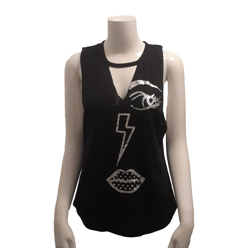 Zumba Fitness Black Graphic Tank Top Size XS Silver Eye Lightning Lips Choker